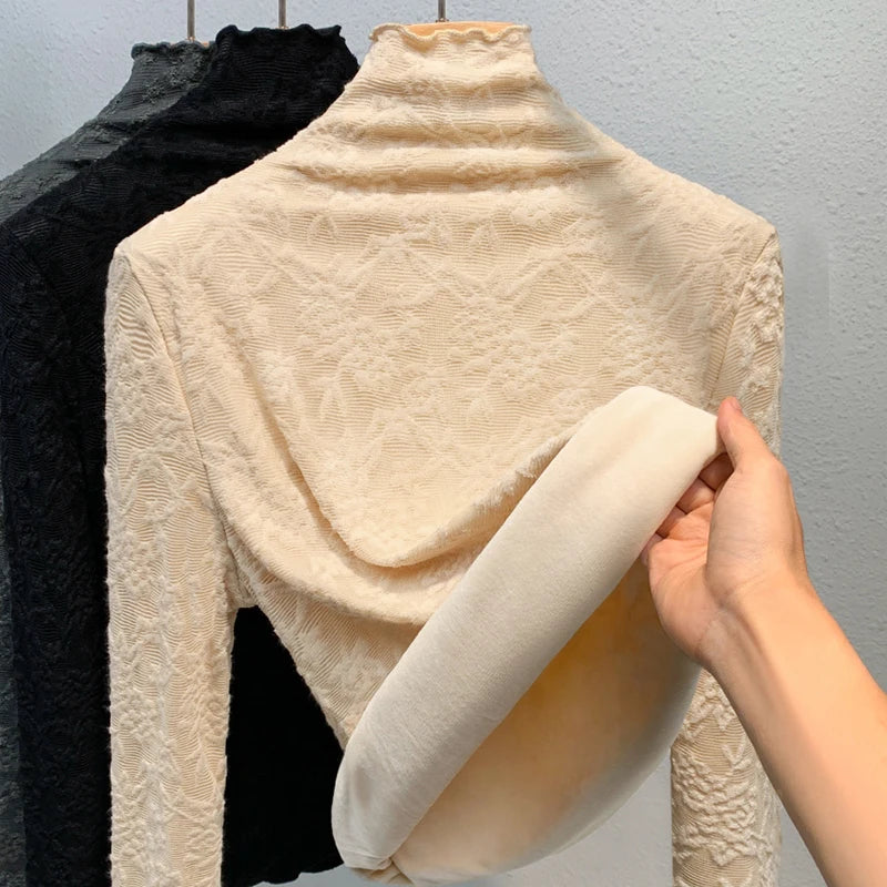 Women's Fleece Lined Lace Base Shirt Half High Collar Inner Wear Autumn Winter Warm plus Size Fat MM Top Commute Style Slim Fit