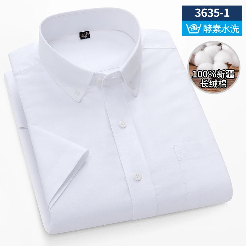 Summer High Quality 100% Cotton  Men Shirts Short Sleeve Dress Shirts Male Slim Social Business Blouse Solid Color Oxford Shirt