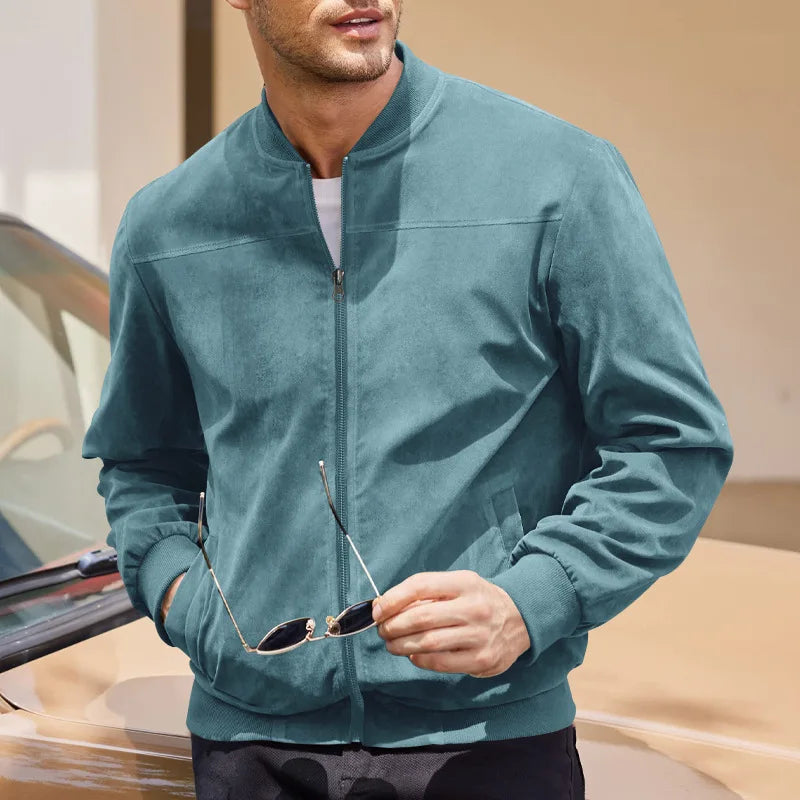 Men's Business Casual Suede Jacket Zipper Collar Warm Sporty Outerwear Polyester Fabric Long Sleeve round Hem Knitted Sleeve