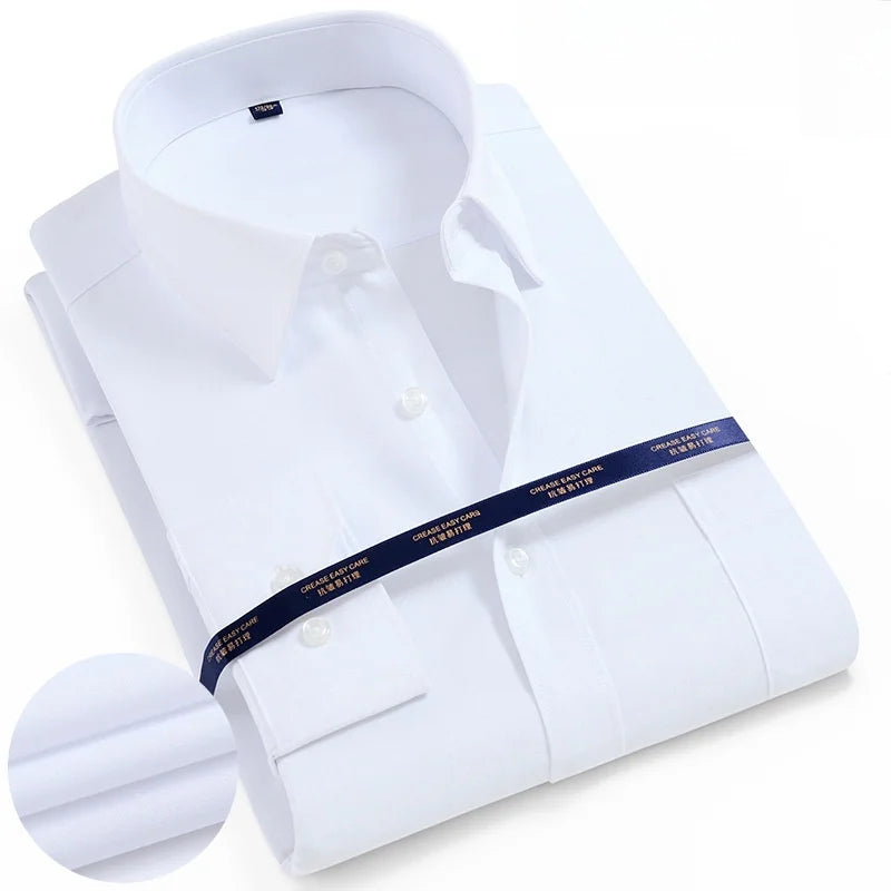 Camisa masculina de manga comprida, lisa, básica, formal, confortável, social, de ajuste padrão, fácil de cuidar, camisa de escritório, tamanho S-5XL