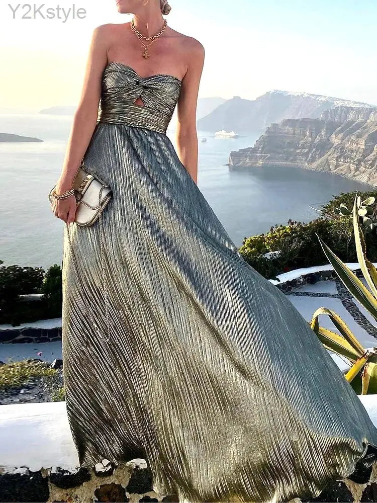 2024 Sexy Twist Strapless Hollow Out Long Dress Women Boho Elegant Bronzing Evening Dress Fashion Sleeveless A-Line Party Dress