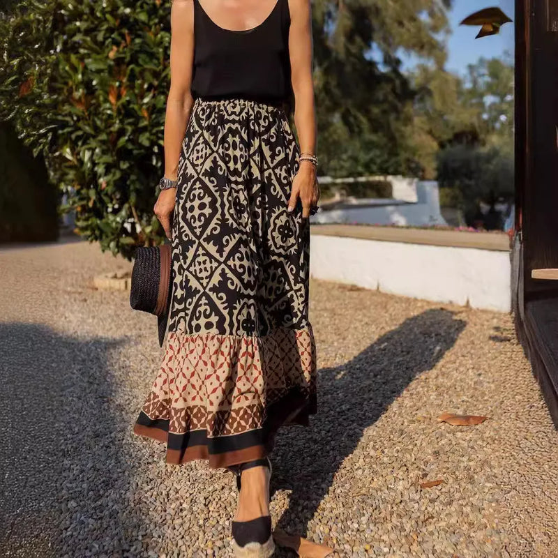 Saia maxi estampa boho feminina moda cintura alta impressão 3D vestido longo casual solto verão saias de cintura alta
