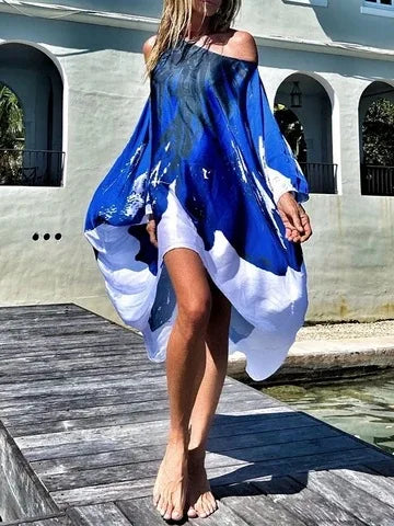 Printed Dresses Women 2025 Summer New Sloping Shoulders Loose Casual Beach Vacation Irregular Dress Fashion Beachwear Vestidos