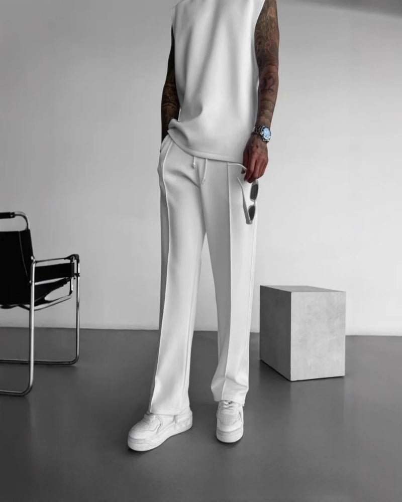 Terno esportivo sem mangas 2025 calças casuais masculinas de cor sólida, colete de roupas masculinas, conjunto de duas peças