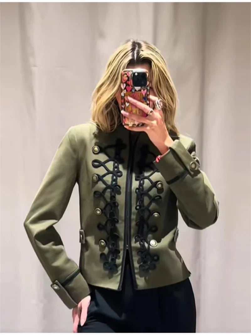 Women's Jacket 2026 Spring New Solid Color Long Sleeve Rope Knot Button Napoleon Style Slim Jacket Fashionable and Unique