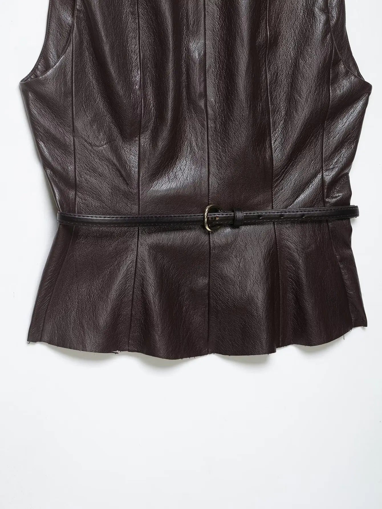 HH Vintage Women's Leather Suits 2026 Spring Summer Round Neck Belted Vest Top+Front Split Long Skirts Female Two-Piece Set
