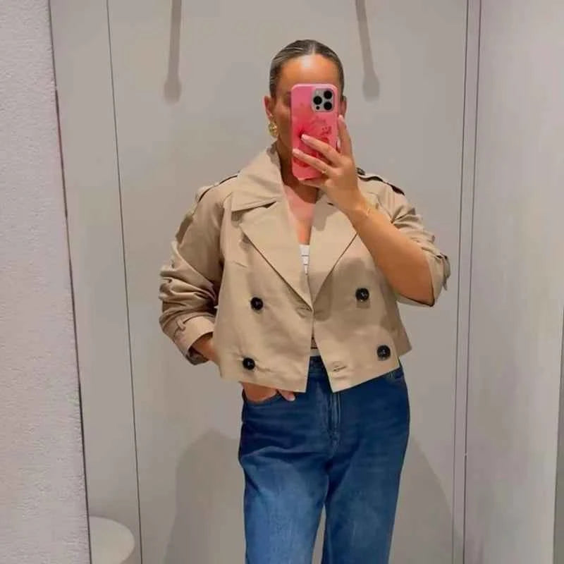 Women's Fashion Double Breasted Short Trench Coat Turn-down Collar Long Sleeve Coats Vintage Female Outerwear Chic Tops