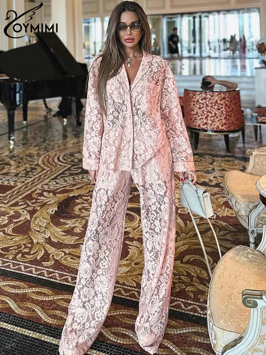 Oymimi Summer Pink Perspective Sets Womens 2 Piece Casual Long Sleeve Button Shirts And High Waist Straight Trousers Female Sets