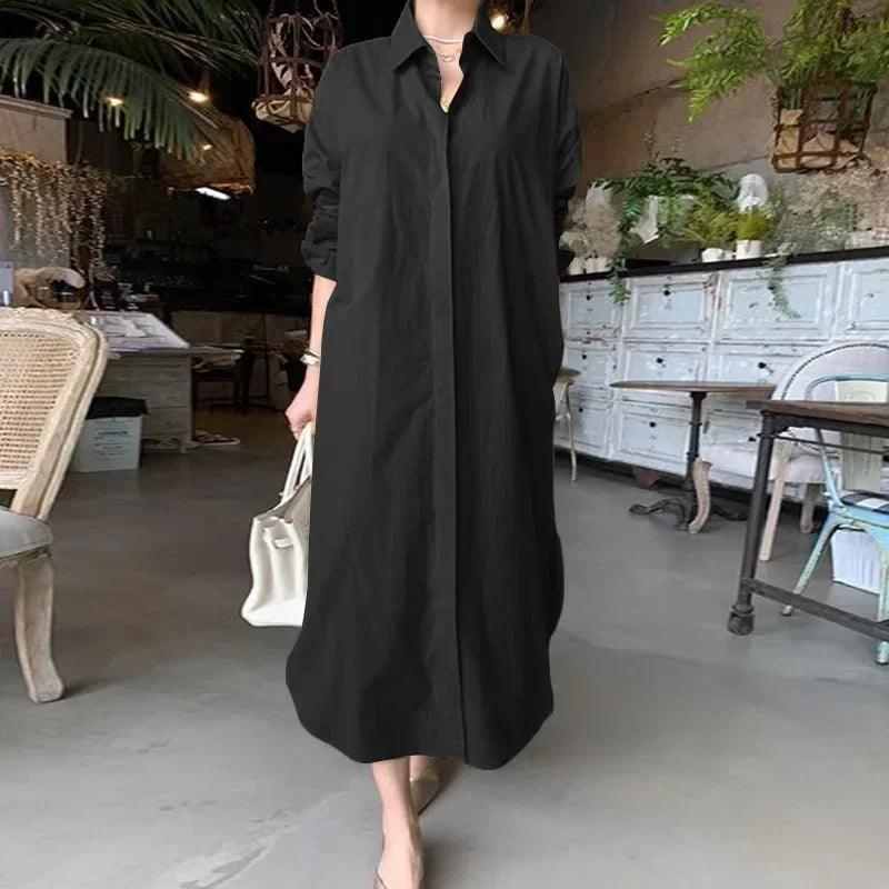 Women's Fashion Lapel Long Sleeved Loose Fitting Dress with Solid Color Buttons Large Casual Turn-down Collar Long Dress - CRAVO ROSE