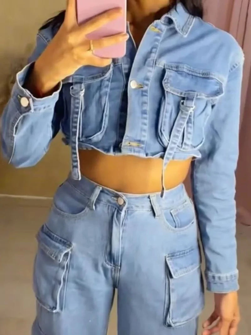 Street Denim 2 Piece Sets Women Outfit Autumn Clothes Women Jean Cropped Jacket Straight Jeans Pant Sets Safari Style Woman Sets