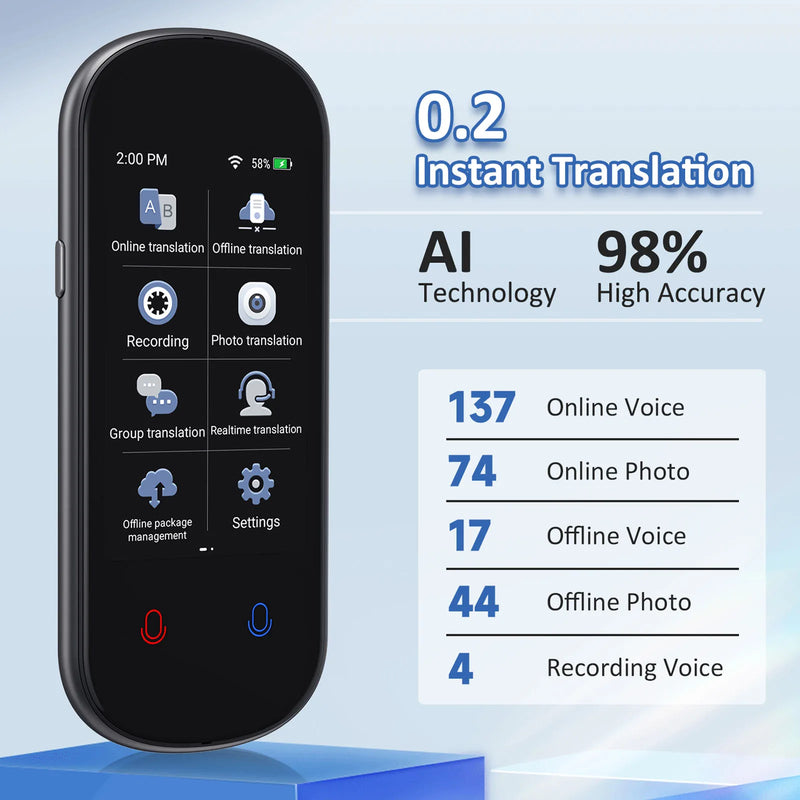 Z2 Instant AI Voice Translator Portátil Tela Sensível Ao Toque De 3,1 Polegadas Tradutor Em Tempo Real Com Gravação De Fotos Para Viagens Aprendizagem Reunião