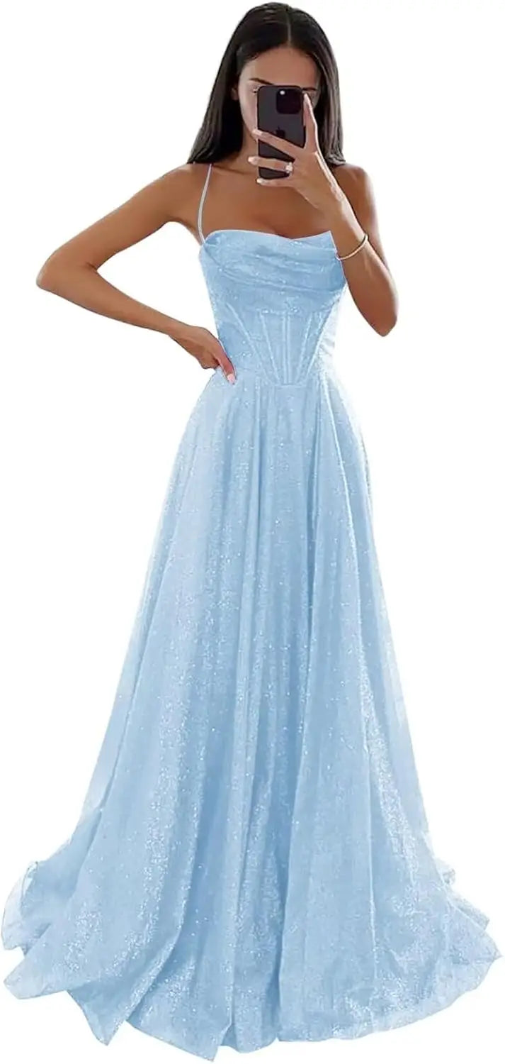 Spaghetti Straps Sleeveless Prom Dress for Women Long Shiny Tulle Formal Evening Party Gown with Slit Formal Dress Women Elegant