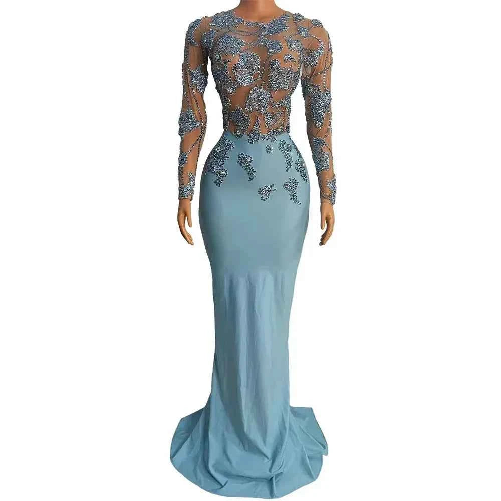 Women Dance Performance Outfit Evening Birthday Celebrate Photo Shoot Dress Sexy Stage Rhinestones Transparent Long Dress