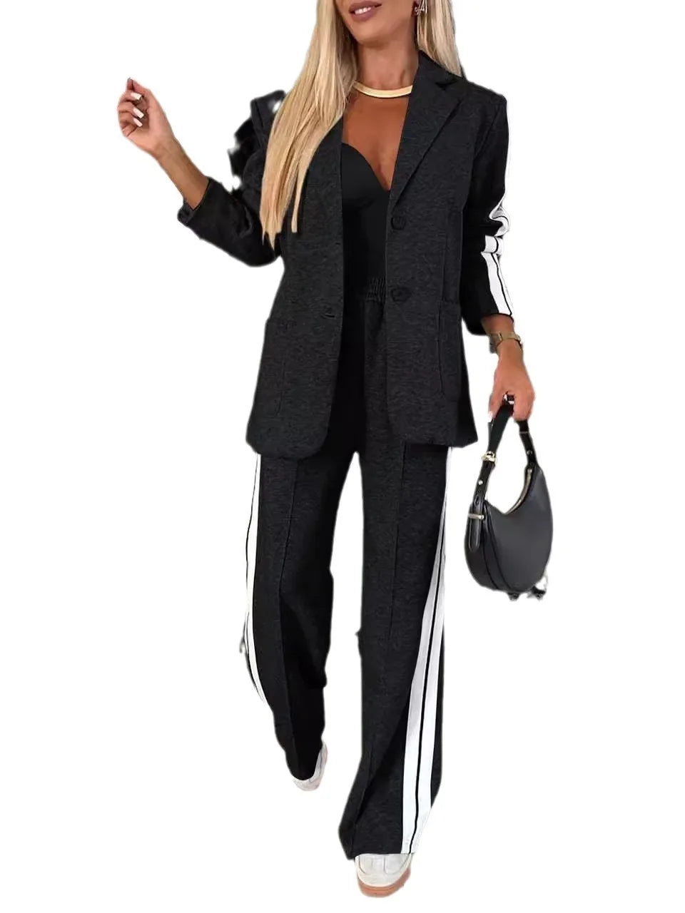 Modern Office Commute Women's Suit Set Loose Fit Long Pants High Waist Striped Casual Sportswear Long Sleeve Button up Coat