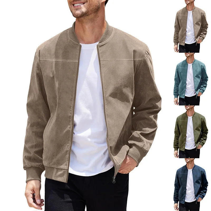 New Autumn Pilot Bomber Jacket for Men's Casual Plus Size Suede Zipper Stand Up Collar Top Traf Jacket Coats Men Clothing