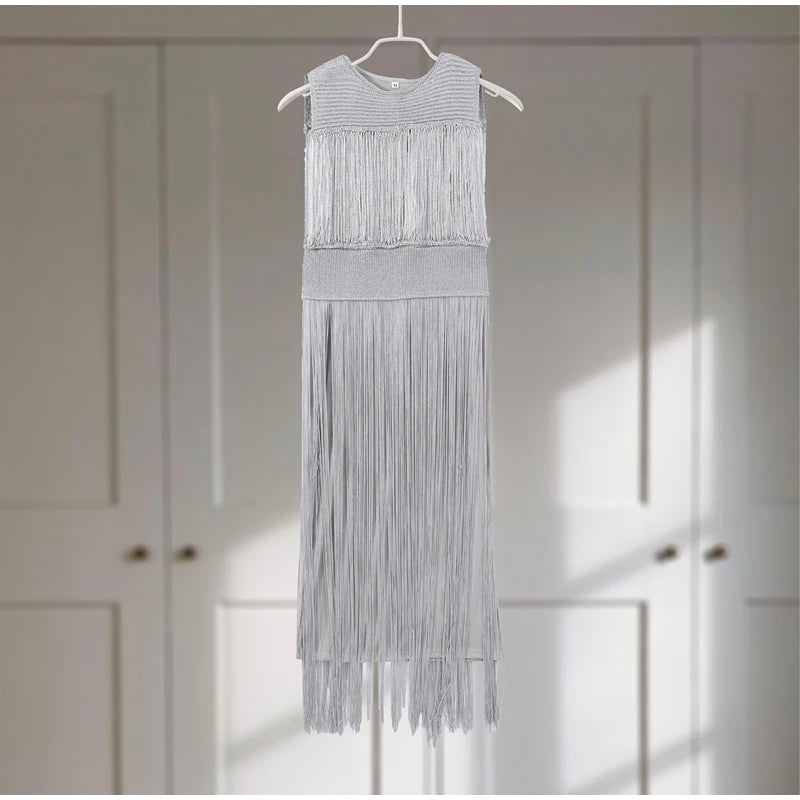 Elegant Tassel Maxi Dress Women Slim Spring Summer O-neck Shine Ankle-length Dresses Lady Sleeveless Solid Robe Female Party