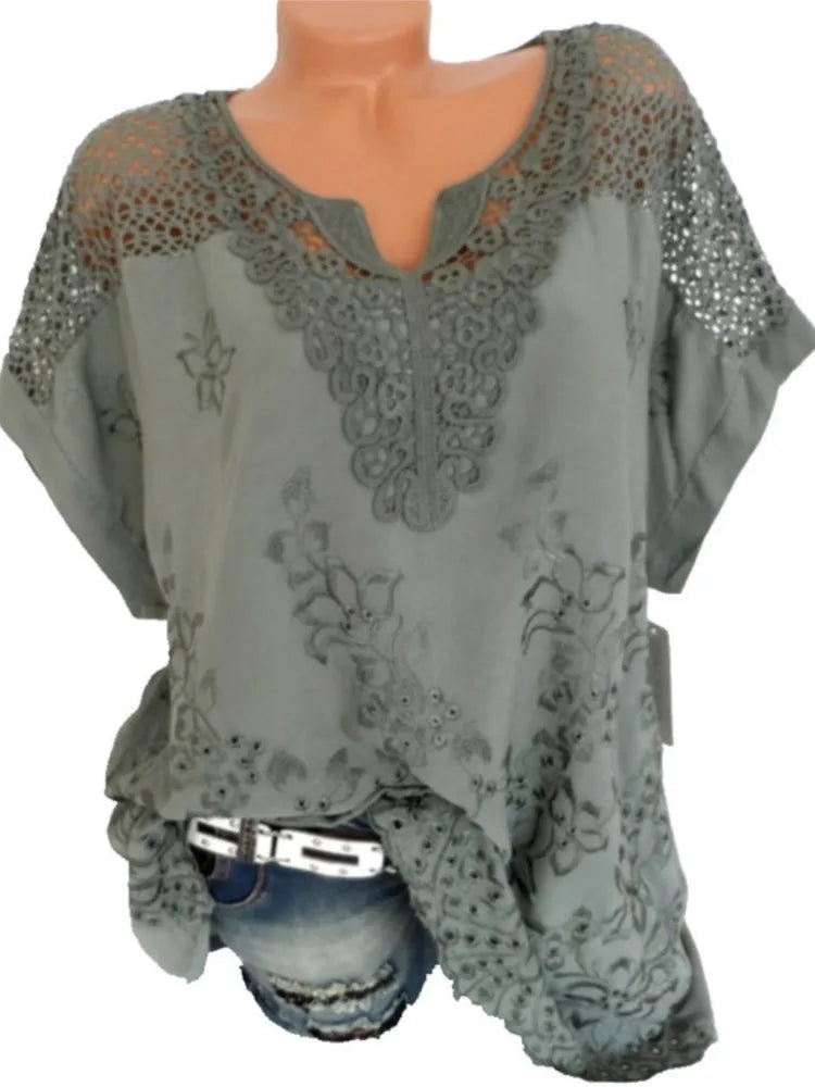 Blusas e tops femininos de manga curta da moda verão, camisa solta de renda branca patchwork 6xl, tops femininos, roupas casuais