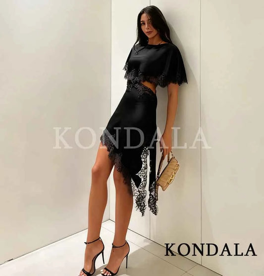 KONDALA Sexy Waist Hollow Dress Women Satin Asymmetrical Hem Lace Dress 2026 Spring Summer Fashion Holiday Dating Party Dress