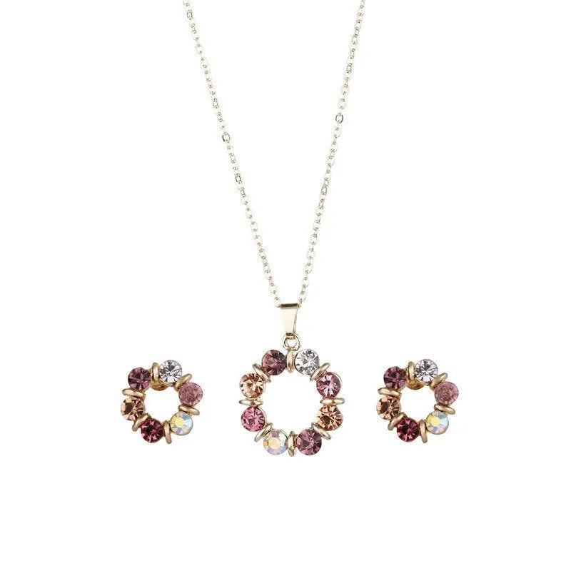 Conjunto de 3 peças de colar e brincos de ouro para mulheres, celebridades, estilo simples e moderno, joias requintadas em formato de círculo com diamante e vitral