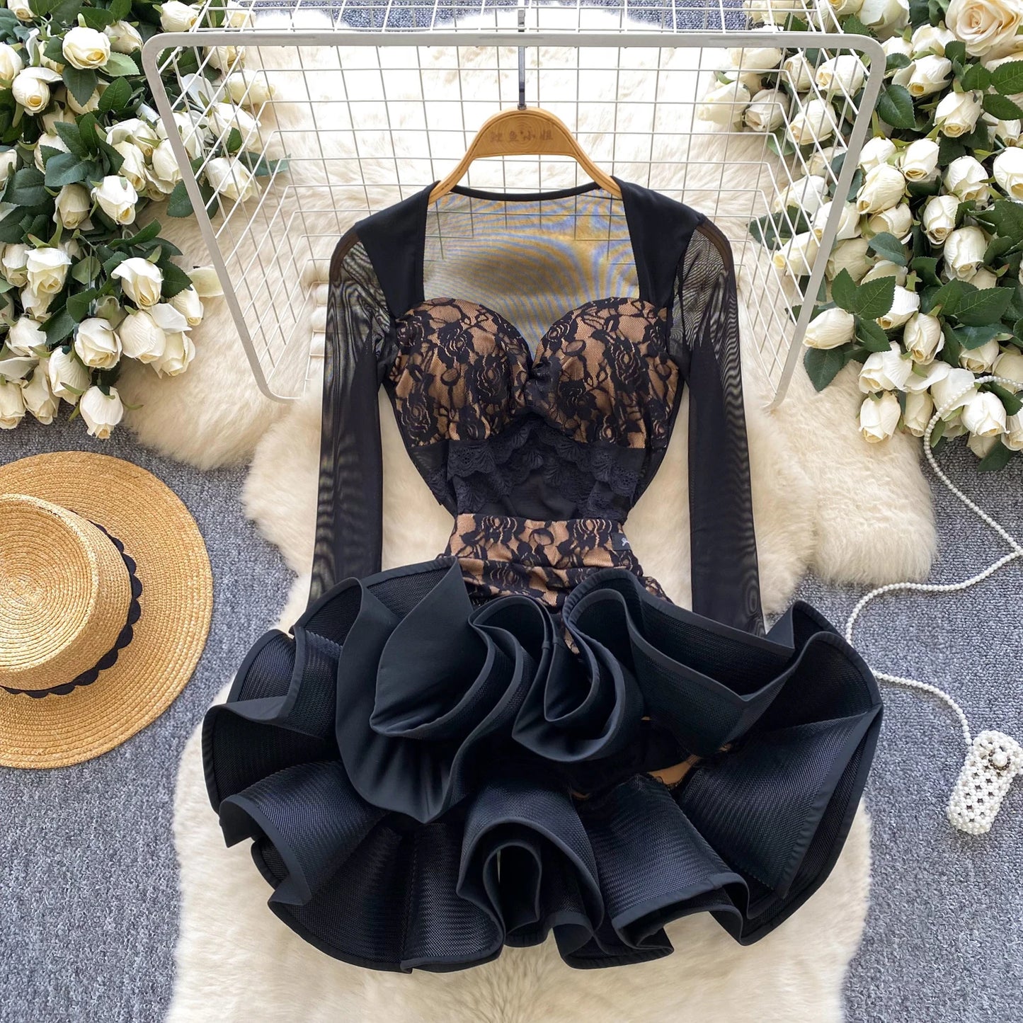 SINGREINY Sexy Floral Lace Suit Mesh Sheer Slim Bodysuit+Ruffles Mini Mermaid Skirt Ladies Retro Luxury Ball Party 2 Pieces Sets