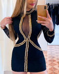 Sexy for Women Short Skirt Summer O-neck Collar Lace Patchwork Long Sleeved Rivet Decoration Mesh Dress