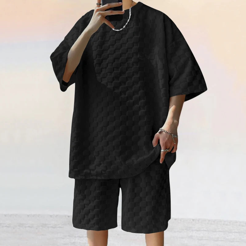 Conjunto de shorts casuais de perna reta e tamanho grande, camiseta xadrez jacquard de manga curta para homens, verão 2025