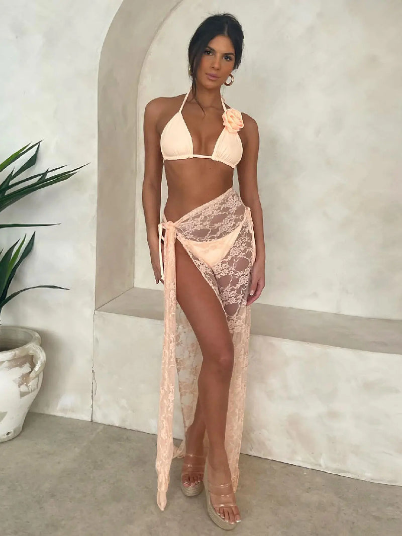 Fashion Sexy Solid Three Piece Bikini Set Padded Bra Tassel High Waist Beach Skirt Swimwear Summer Beach Holiday  Bathing Suit