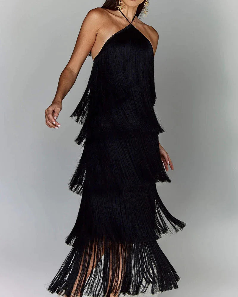 Fashion Neck Fringed Backless Slit Dress for Women
