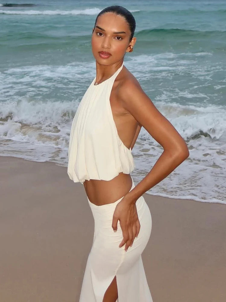 Kliou Elegant Style 2 Piece Set Woman Summer Trend Halter Backless Irregular Tank Tops+Long Skirts Vacation Beach Party Outfits