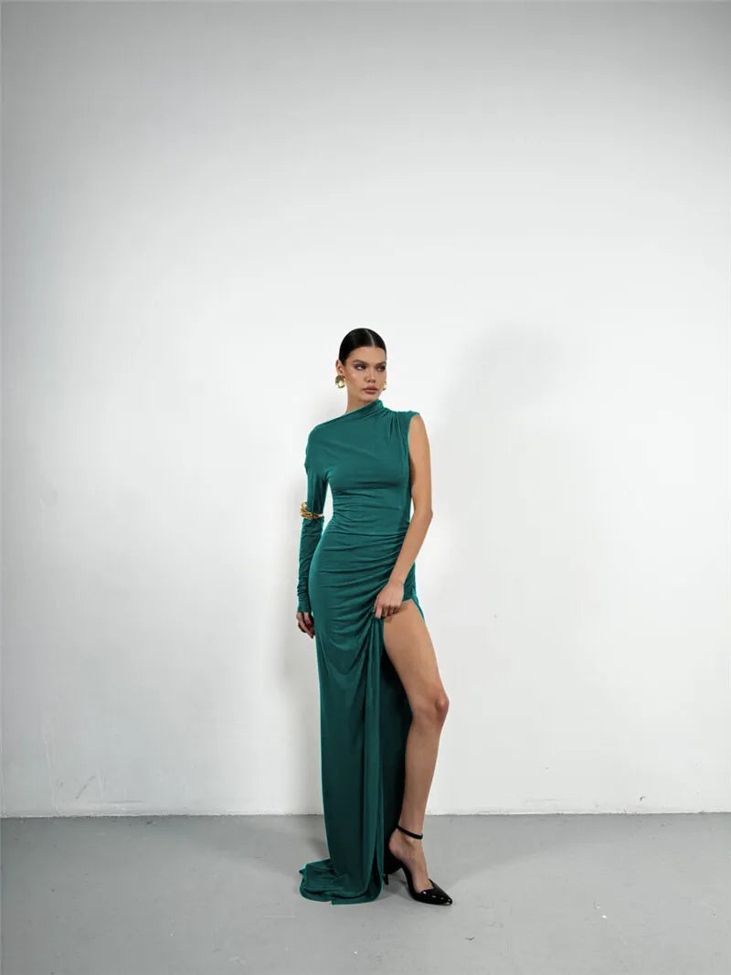 Mozision Skew Collar One Sleeve Sexy Maxi Dress For Women Gown Fashion Solid Thigh High Split Ruched Bodycon Club Long Dress