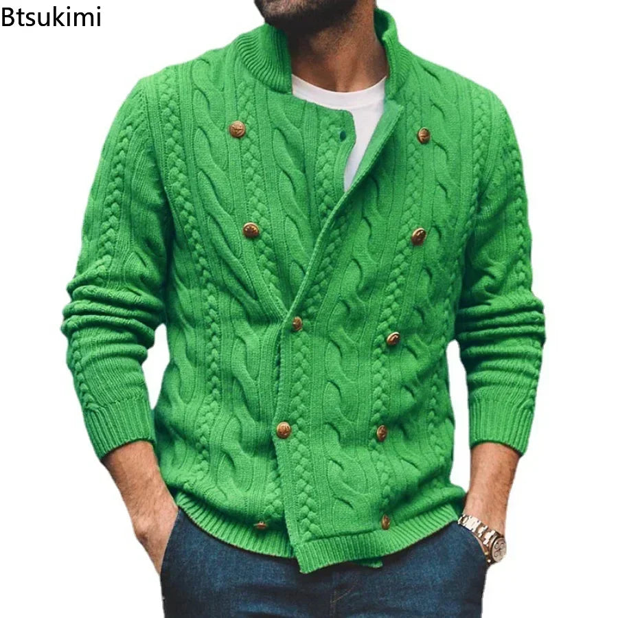 New 2026 Autumn Winter Knitted Cardigan Men Double Breasted Sweater Coat Male Streetwear Winter Warm Turtleneck Men Clothing