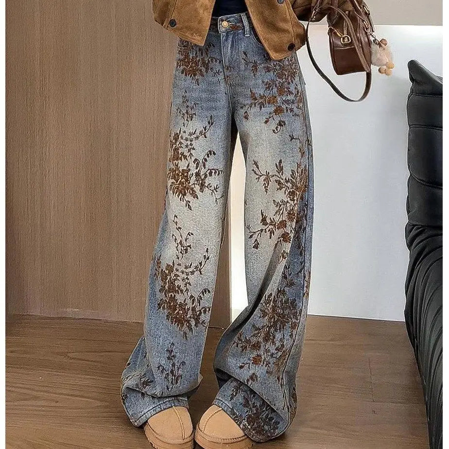 Women's Fashion Flocked Jacquard Wide-Leg Jeans - 2025 New Winter Style, High-Waisted, Slimming, Straight-Leg