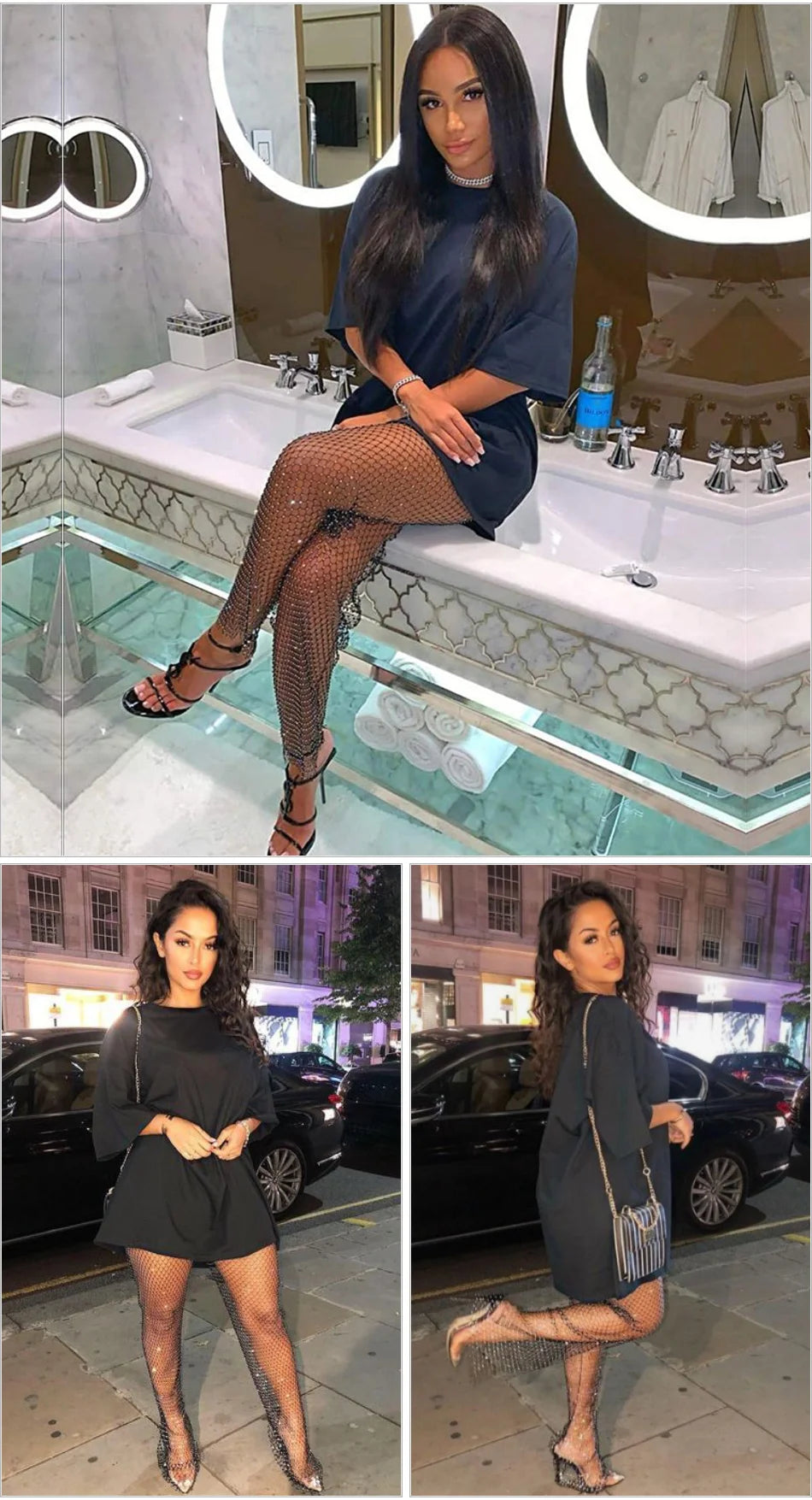 Sparkle Diamante Fishnet Wide Leg Trousers Crystal Mesh Flare Pants High Waisted Rhinestone Split Hem Leggings