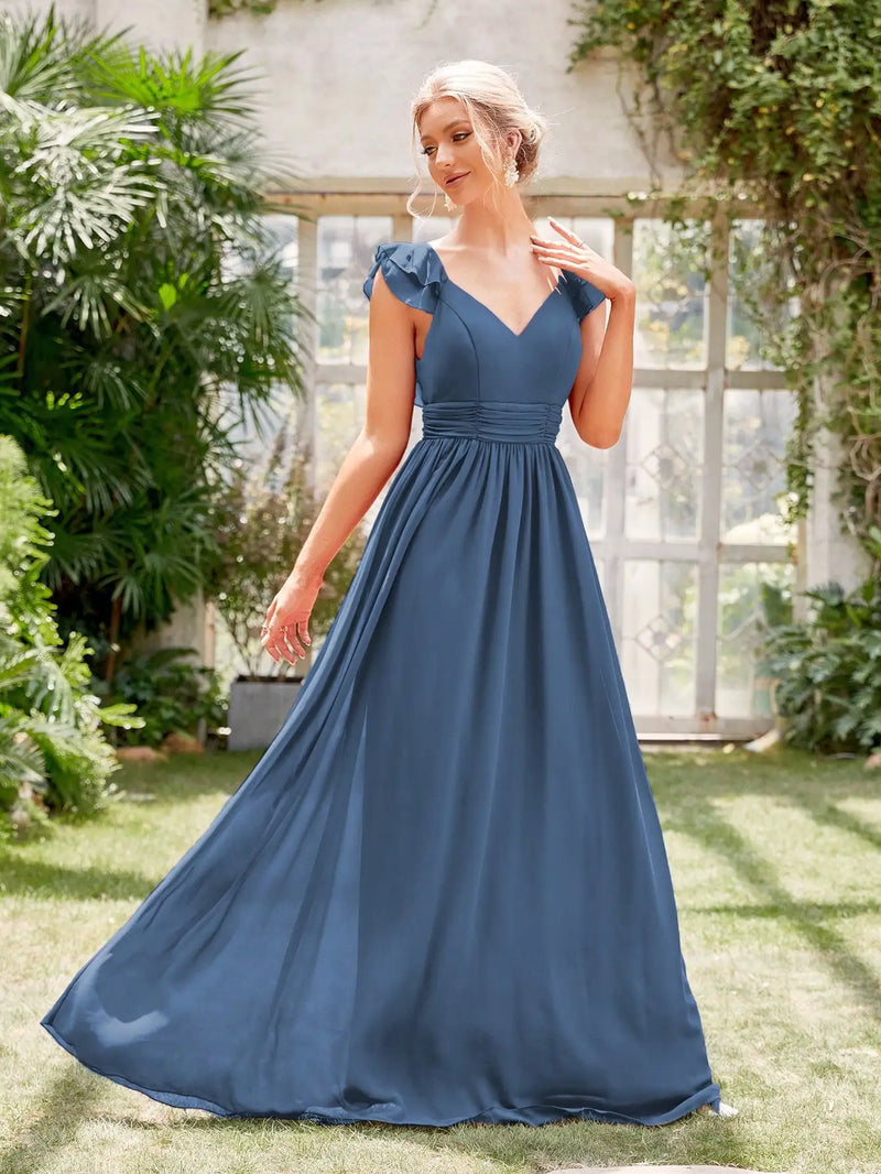 Vestido de noite longo com decote em V, manga curta, babados, renda, vestido de baile, vestido de festa, vestido de madrinha