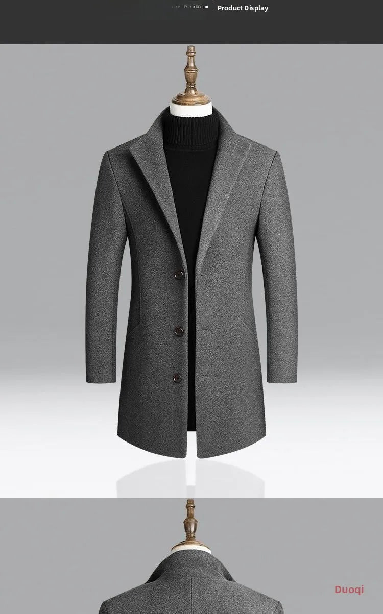 Men's Woolen Coat Autumn Winter Long Style Slim Fit Fashionable Outerwear Rabbit Fur 100% Versatile for All Seasons