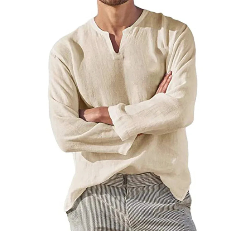 Camisa masculina de algodão e linho, cor sólida, aconchegante, manga comprida, respirável, blusa casual com decote em V, camisa havaiana, camisas leves