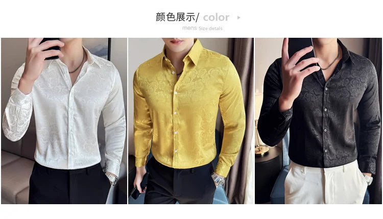 Men's Social Shirt New Rose Printed Long Sleeve Shirt Luxury Fashion Business Slim Fit Formal Shirt Men's Clothing 4XL-M