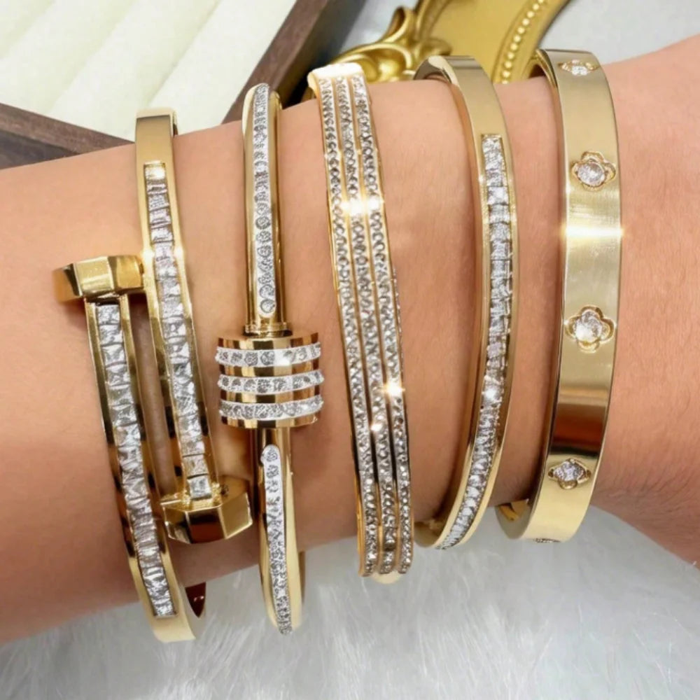Fashion Zircon Inlaid Stacked Stainless Steel Bracelet Set Dazzling Women's Valentine's Day Gift Set