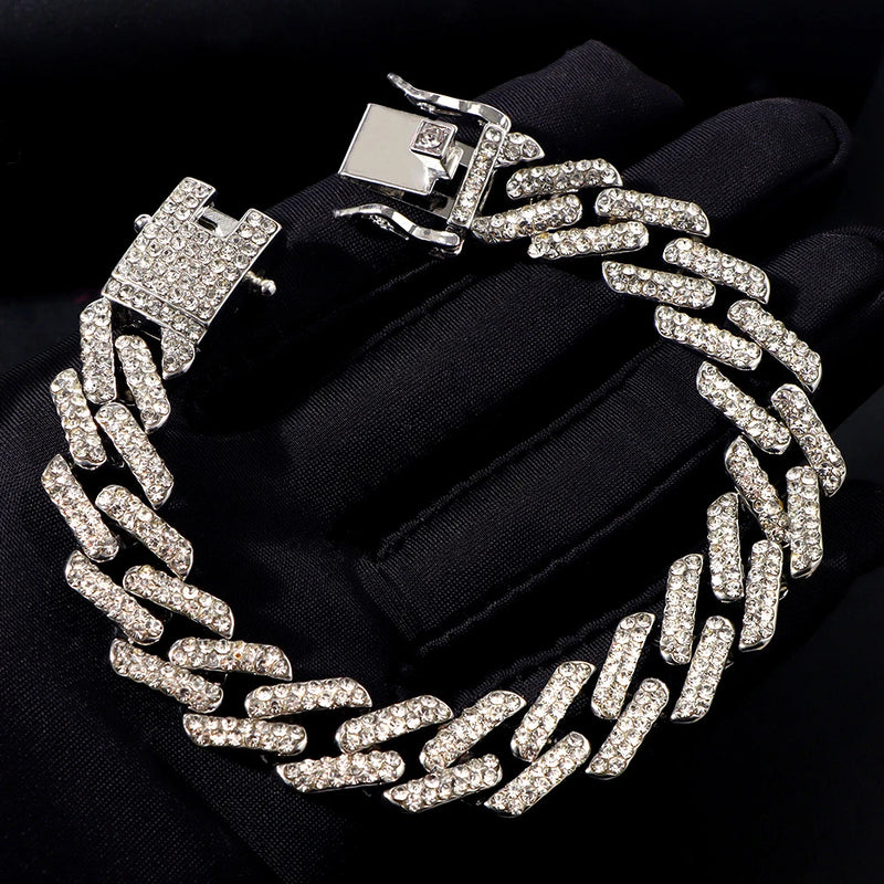 Fashion Bling Paved Rhinestone Prong Cuban Chain Bracelet for Women Men Hip Hop Iced Out Chunky Link Chain Bracelets New Jewelry