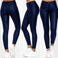 Calças de couro sintético, leggings femininas casuais elásticas e sensuais, couro sintético sólido, calças lápis justas
