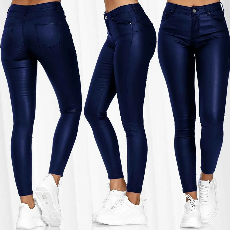 Calças de couro sintético, leggings femininas casuais elásticas e sensuais, couro sintético sólido, calças lápis justas