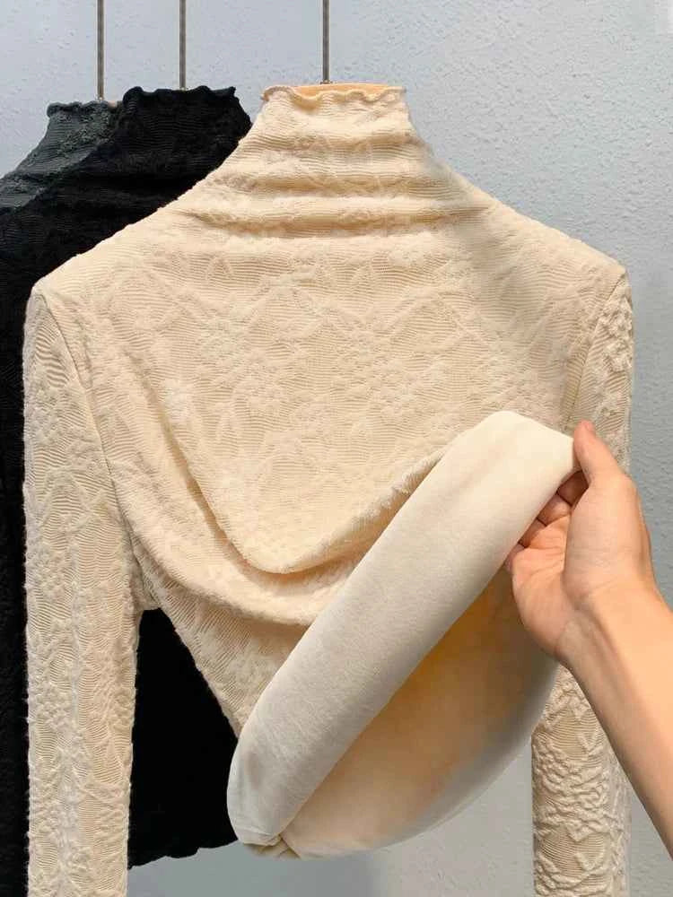 Women's Fleece Lined Lace Base Shirt Half High Collar Inner Wear Autumn Winter Warm plus Size Fat MM Top Commute Style Slim Fit