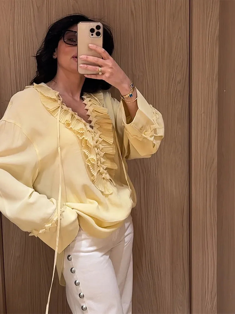 Blusa de chiffon com babados e manga comprida, blusa feminina casual solta, gola V, manga comprida, blusa de rua, primavera/verão 2025