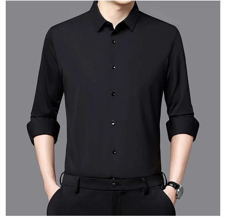Camisa masculina premium ultraelástica - Camisa formal de manga comprida de seda de alta qualidade para uso social e casual