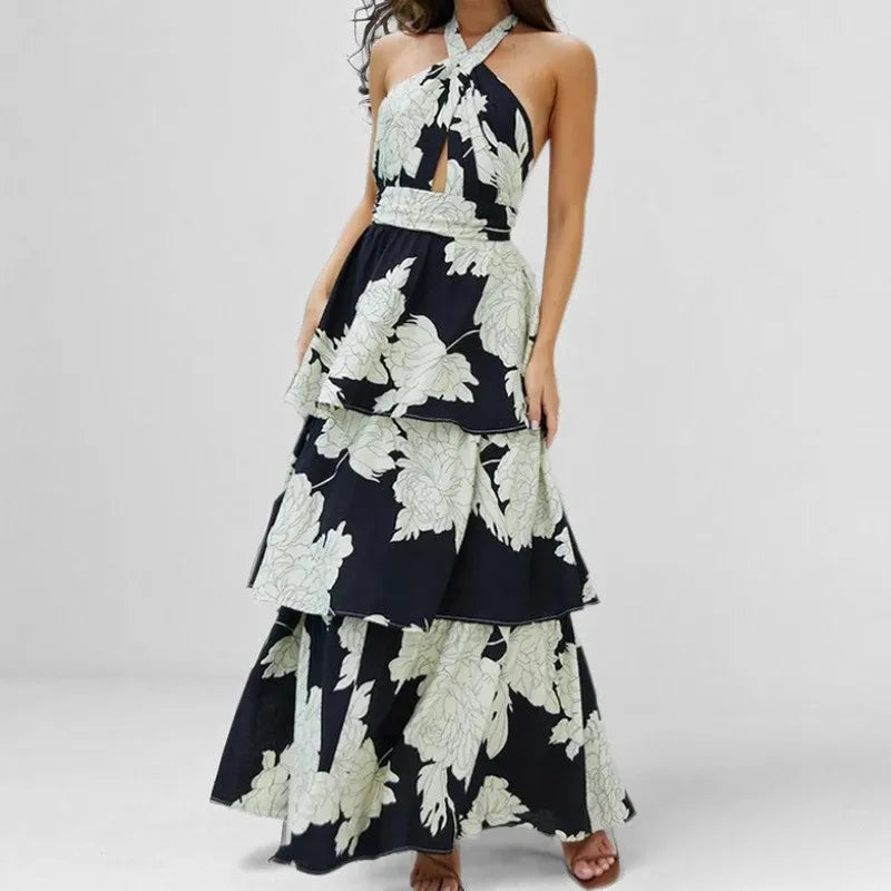 2025 Summer Fashion Printed Long Dresses Woman Sexy Sleeveless Cross Halter Hollow Shoulder Backless Dress Elegant Party Dresses