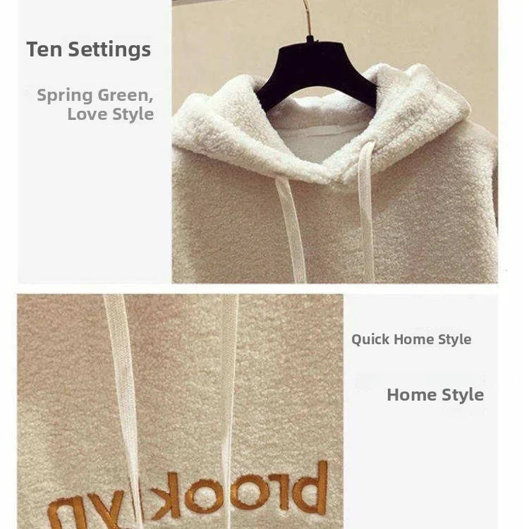 Thickened Lamb Velvet Set Women's Autumn Winter New Embroidery Sweatshirt Woolen Wide Leg Pants Two Piece Set Casual Style