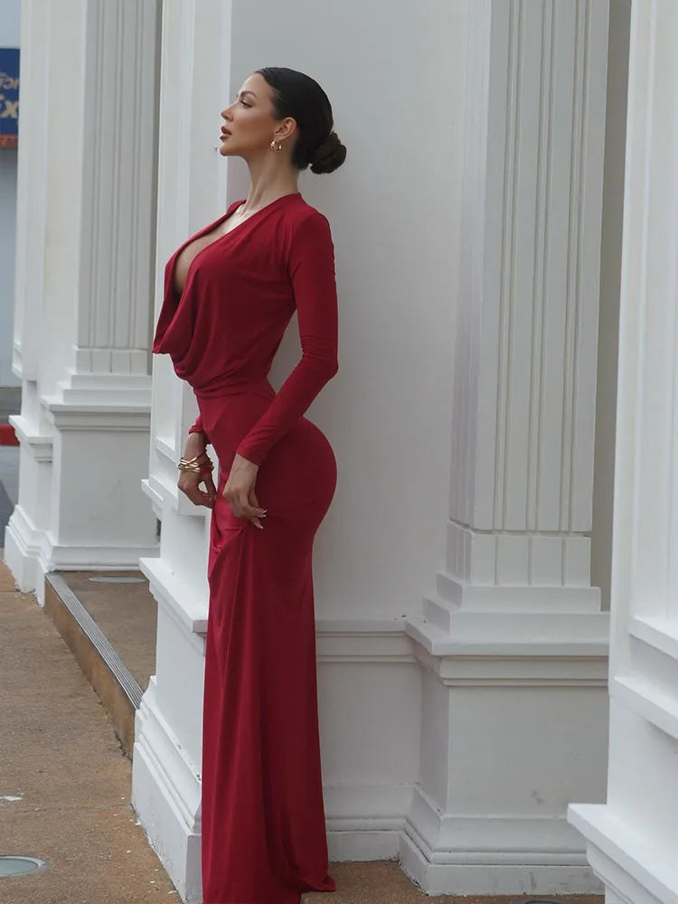 Party Dresses For Women Fashion Sexy Partywear Solid Full Sleeve Deep Swinging Collar Slim Hip Wrap Ling Vestidos Robes Female
