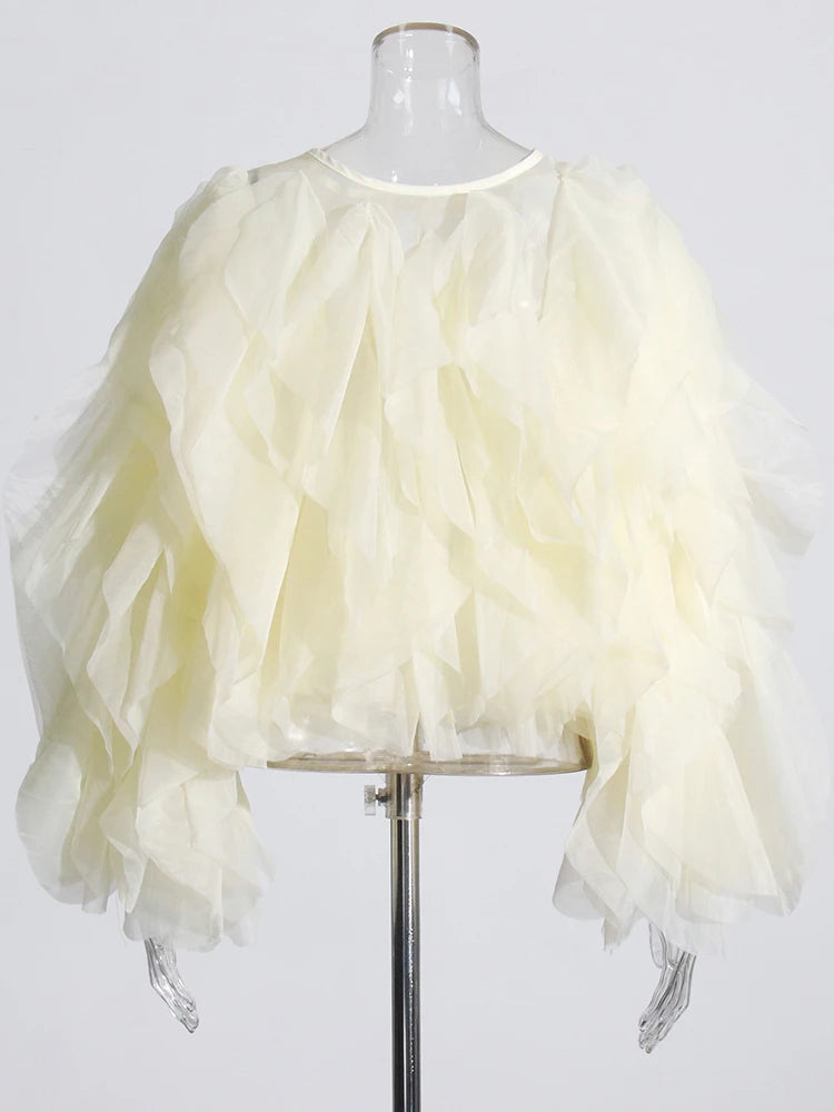 Blusas elegantes de chiffon com babados e patchwork, gola redonda, lanterna, manga comprida, camisa solta