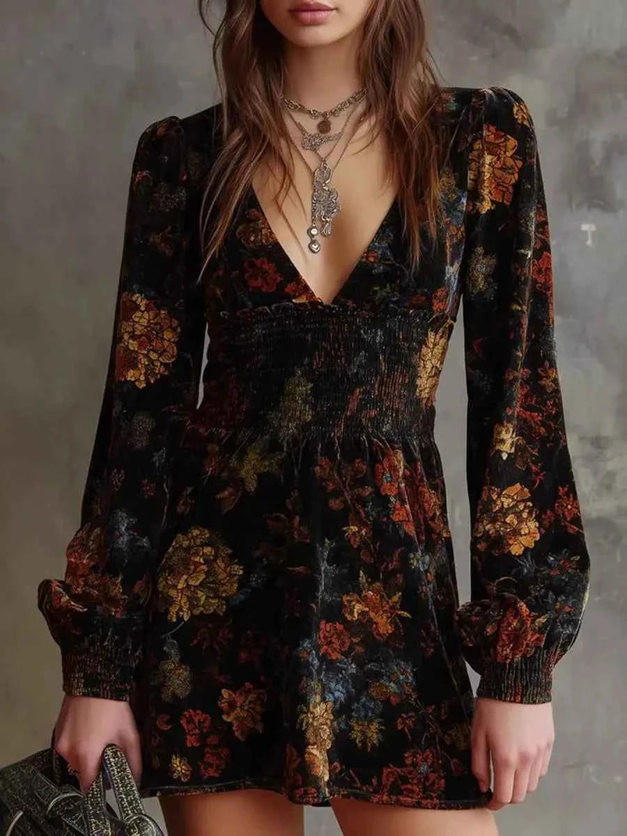 Fashion Autumn Sexy V-neck Long Sleeve Women's Dress Elegant Flower Print Mini Evening Dress Temperament Waist Party Dresses