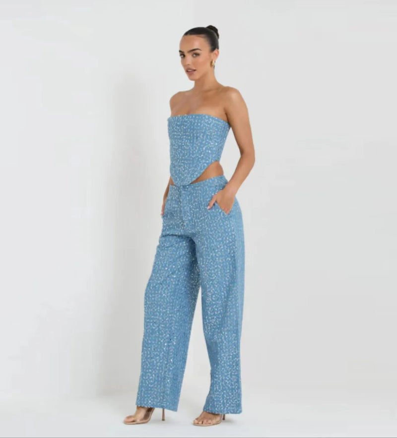 Conjunto Lantejoulas Denim Duas Peças Calças Conjunto Feminino Sexy Sem Alças Zíper Corset Regatas e Jeans Perna Larga Luxo Festa Clube Roupas